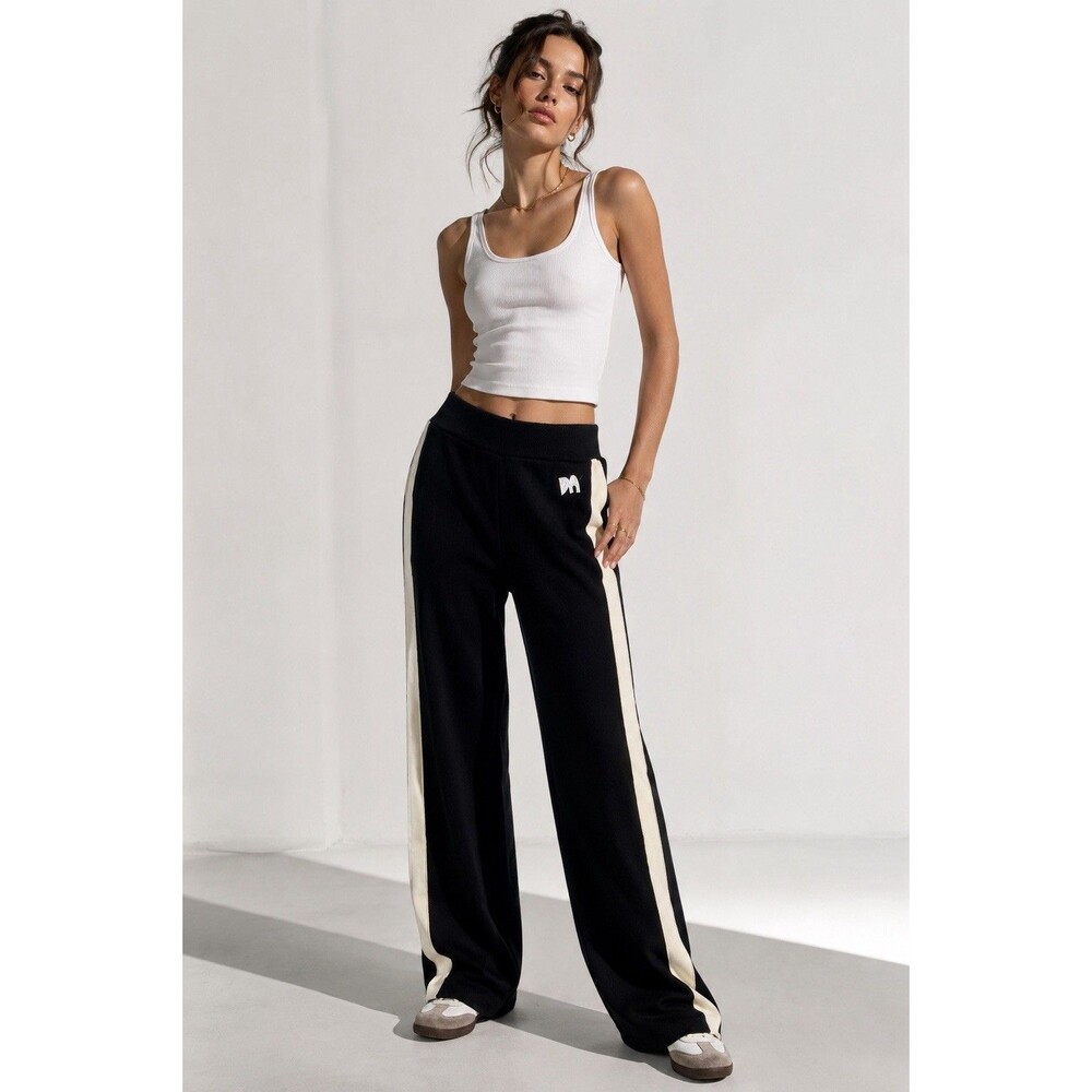 MO&Co. Black Cream Side Stripe Wide Leg Knit Track Pants Size S